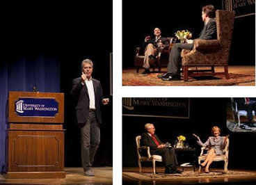 Judy Woodruff, Scott Turow, and Anthony Bourdain on stage at the fredericksburg forum.